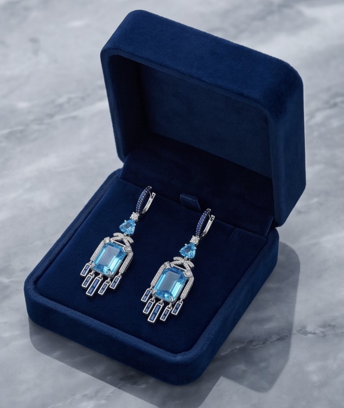 Atlantica - Art Deco- 10.7 carat Swiss Blue Topaz 0.8 CARAT Sapphire .925 Sterling Silver dipped in Rhodium Handcrafted Statement earrings - Atlantica earrings with blue topaz in velvet box, top view