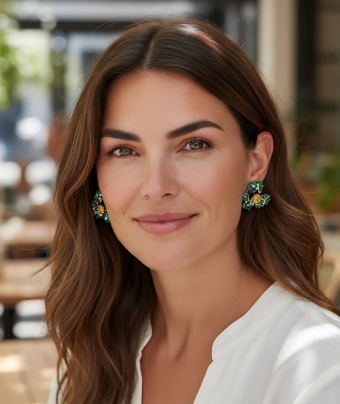 Exotica - rare art - authentic 4.9 carat Brazilian Citrine 9.2 carat Colombian Emerald 2 tones .925 Sterling Silver dipped in black rhodium handcrafted earrings - Woman wearing Exotica earrings with 4.9 carat Brazilian Citrine.