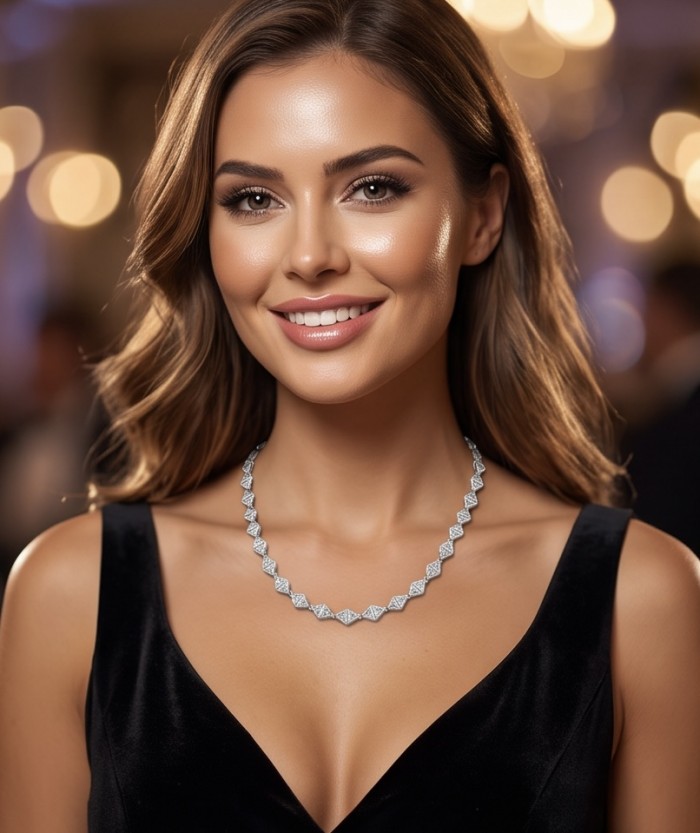 Precious Genuine White Topaz 18K White Gold over .925 Sterling Silver handmade necklace - Woman wearing Precious White Topaz necklace in elegant setting.