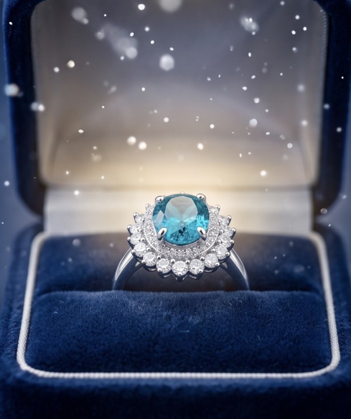 WONDERLAND 4.8 carat Paraiba Tourmaline .925 Sterling Silver Handcrafted Ring size 7 1/4 - Close-up of a Paraiba Tourmaline ring in a velvet box with snowflakes.