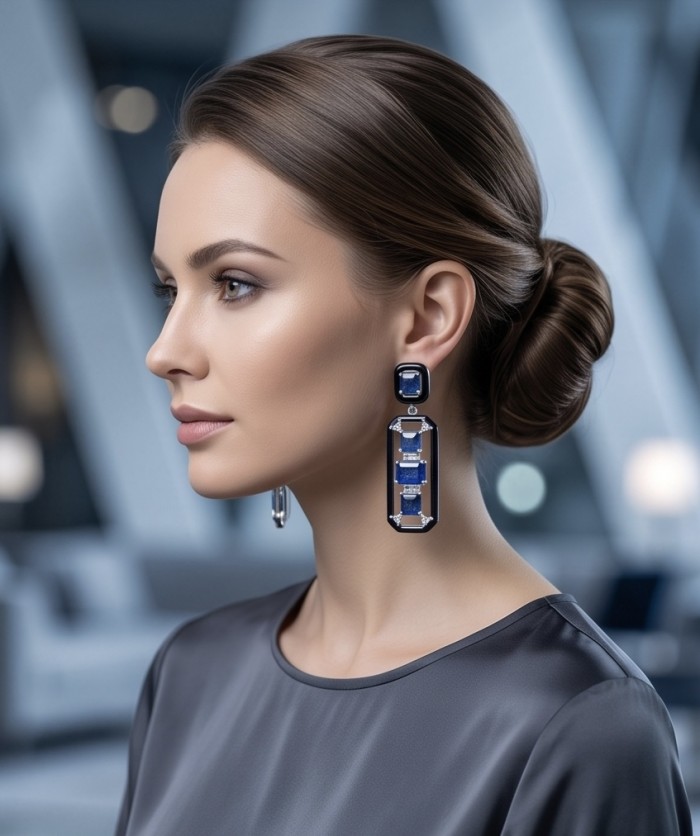 Art Deco 11.5 carat Sapphire black enamel .925 Sterling Silver handcrafted earrings - Side view of model wearing Art Deco sapphire and black enamel earrings.