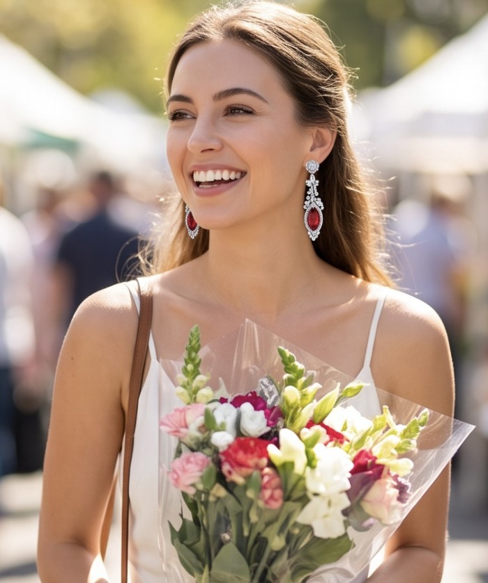 Exquisite 9.4 ctw Mozambique Ruby .925 Sterling Silver handcrafted Statement earrings - Woman wearing exquisite Mozambique ruby earrings holding flowers.