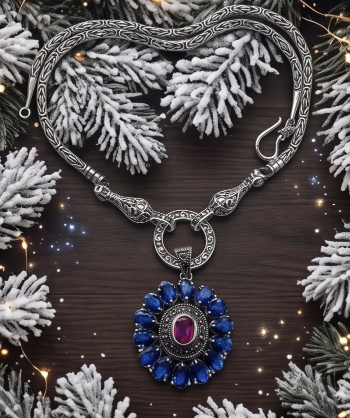 Luxurious 21.5 carat natural Mozambique Ruby .925 Sterling Silver .925 Sterling Silver Statement Necklace - Elegant necklace with ruby and sapphire stones, top view, snowy background.