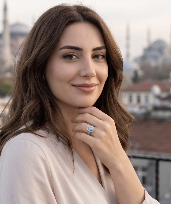 Endless Ocean Genuine 14.5 carat doublet Australian Opal .925 Sterling Silver handmade Ring size 6 - Woman wearing Endless Ocean Opal ring, close-up on hand.