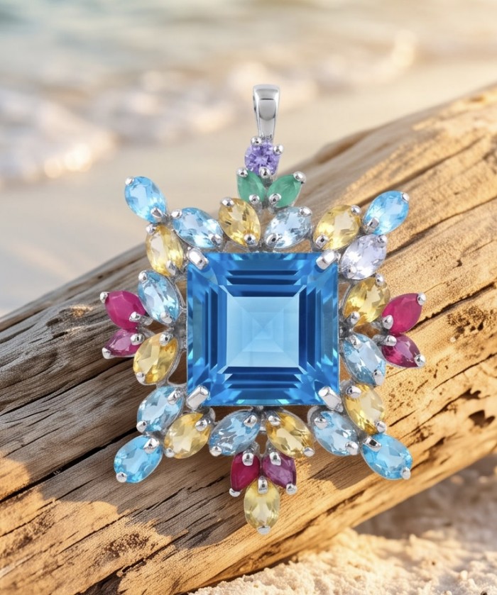 Oceania princess cut 30.8 carat Swiss Blue Topaz .925 Sterling Silver dipped in rhodium Handcrafted Pendant Brooch - Close-up of Oceania pendant with Swiss Blue Topaz on driftwood background