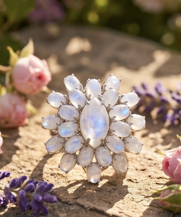 Large Blue Cascade 29.5 carat Rainbow Moonstone rhodium over .925 Sterling Silver handmade ring s. 8 - Front view of a 29.5 carat rainbow moonstone ring with floral design