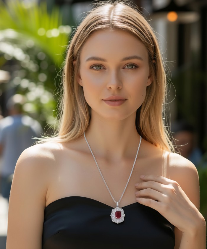 Art deco - Natural 0.4 carat Mozambique Ruby .925 Sterling Silver Handcrafted Pendant - Woman wearing art deco necklace with Mozambique ruby, front view
