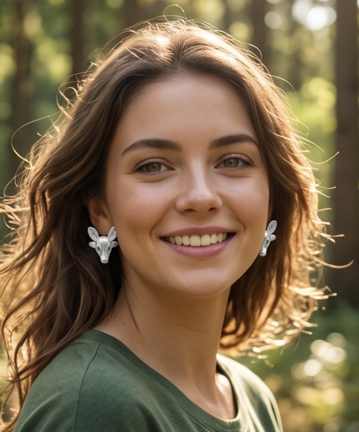 Deer'S Head 0.7 carat Emerald .925 Sterling Silver handmade Statement earrings - Woman wearing deer head silver earrings with emerald detail.