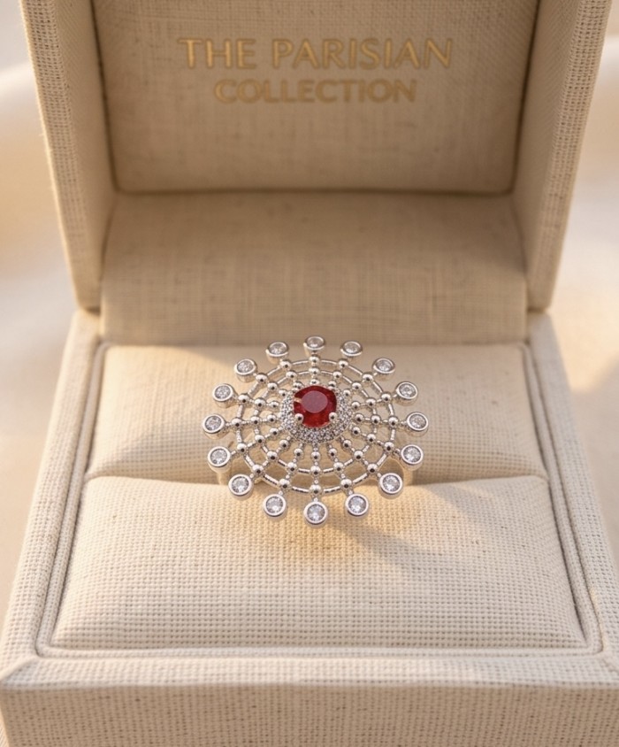 Bella Rosa Genuine 0.4 CARAT Ruby rhodium over .925 Sterling Silver Statement Ring size 7 - Elegant ruby ring in box, top view from 'The Parisian Collection'.