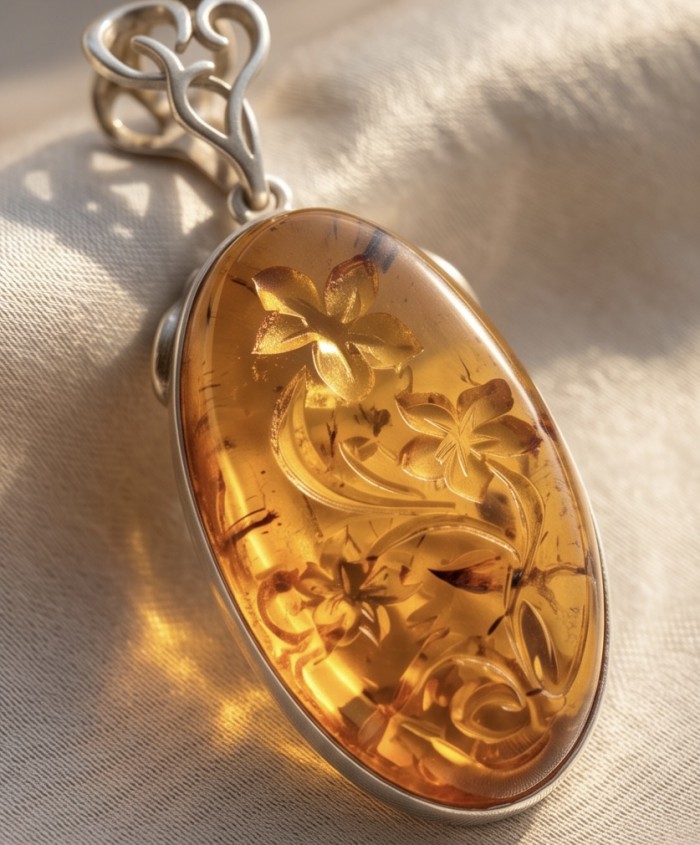 Prehistoric Authentic Golden Baltic Amber 14K Gold over .925 Sterling Silver beautifully handcrafted Pendant - Close-up of carved amber pendant with floral design and silver setting