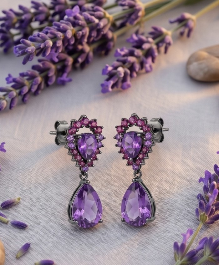 Natural 10.6 carat fancy pear cut Amethyst black rhodium over .925 Sterling Silver handmade earrings - Amethyst earrings front view with lavender background.