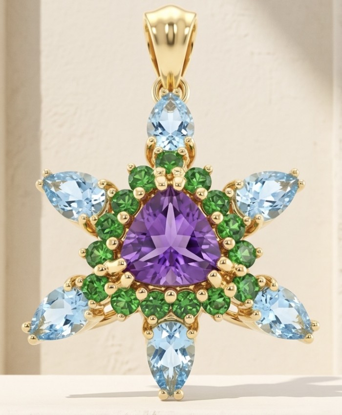 Divine creation 14.4 carat Amethyst .925 Sterling Silver dipped in 18K Gold handcarfted Pendant - Close-up of star-shaped amethyst pendant with green and blue stones