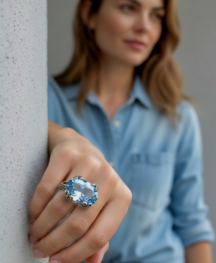 Mesmerizing 22.8 carat Aquamarine rhodium over .925 Sterling Silver handcrafted Large ring size 8 - Aquamarine ring worn on hand, focus on stone.