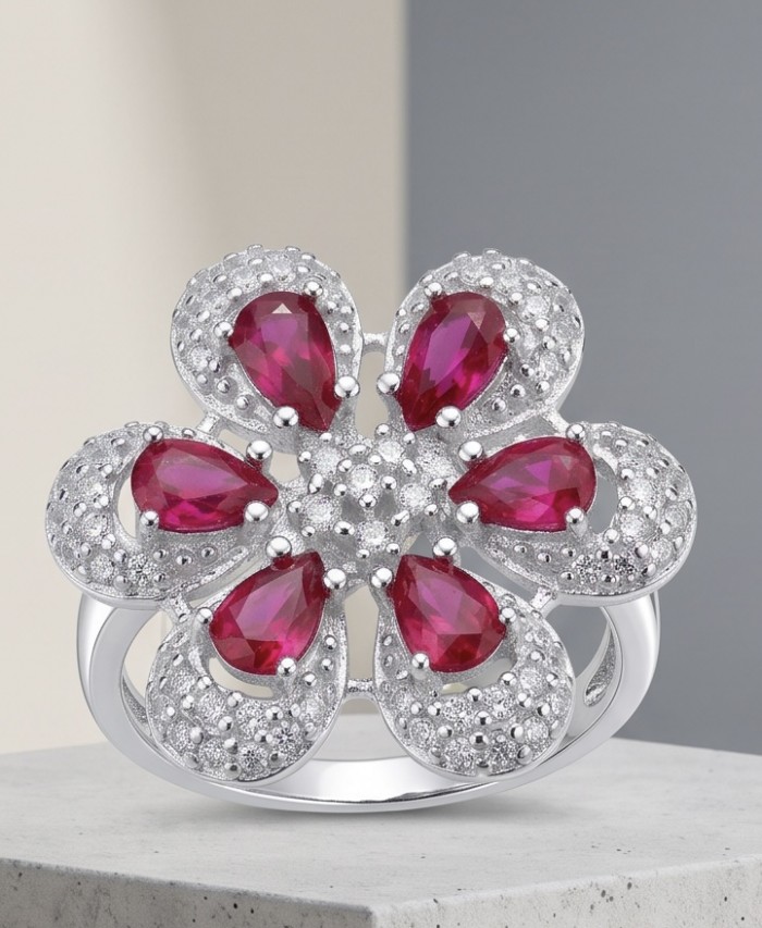 Izabella Luxurious natural 6.8 carat Ruby rhodium over .925 Sterling Silver handmade incredible ring s. 7 1/2 - Ruby ring close-up, flower design, rhodium over .925 silver.