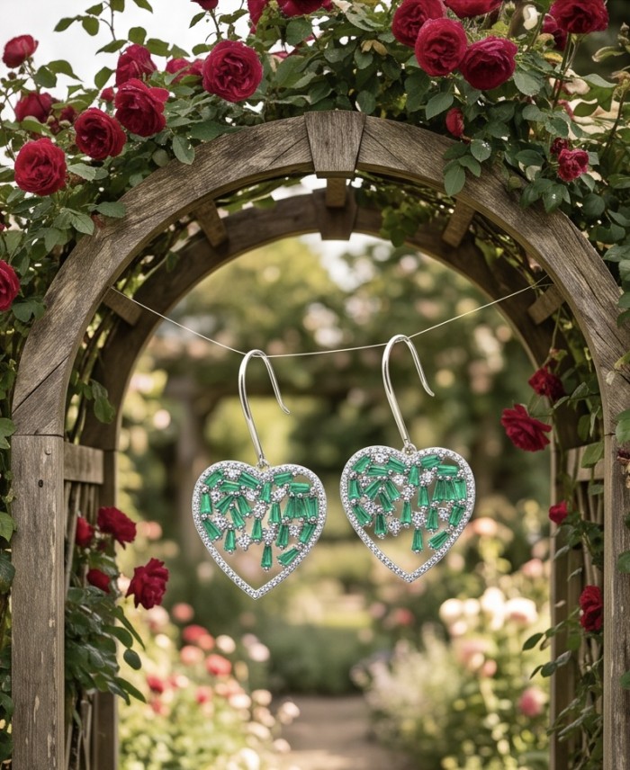 Hearts Wonderful natural Tsavorite Gasrnet rhodium over .925 Sterling Silver entirely handcrafted earrings - Heart-shaped earrings with green garnets under rose archway.