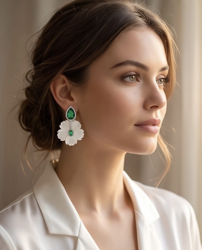 Summer Flowers Blister Pearl Blue Topaz Rhodium over .925 Sterling Silver handcrafted Earrings - Side view of woman wearing Summer Flowers Blister Pearl earrings