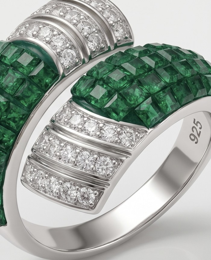 Green Passion mystery setting 7.2 CARAT genuine Emerald .925 Sterling Silver handcrafted ring size 7 - Emerald and diamond ring, close-up view, showcasing mystery setting.