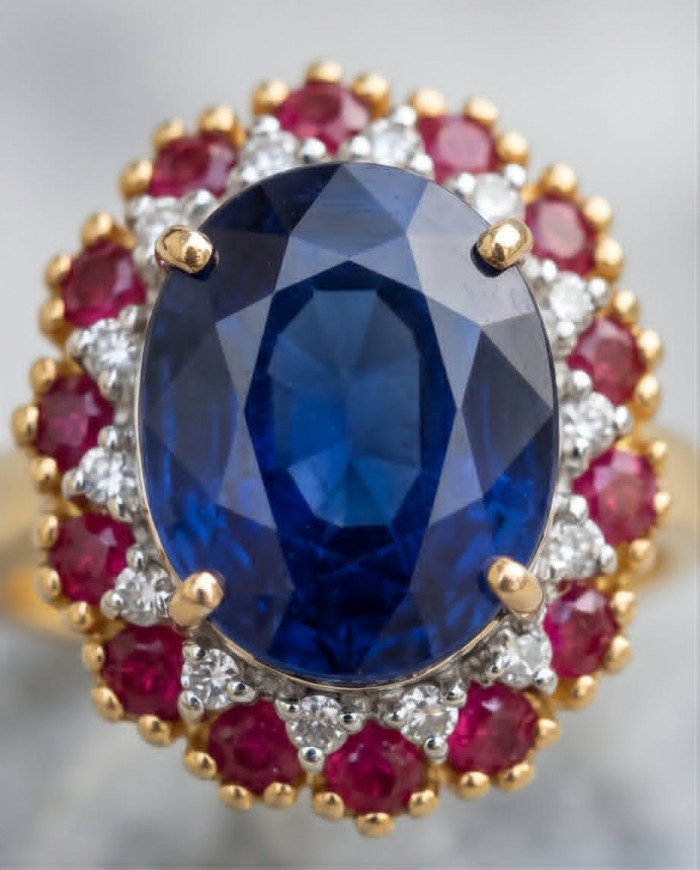 Precious Design oval cut 11.7 CARAT Tanzanite 22K Gold over .925 Sterling Silver Statement Ring s. 7 1/2 - Close-up of oval-cut tanzanite ring with ruby and diamond accents.