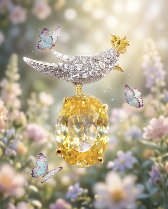 Bird on a Rock - Iconic design- Genuine 28.5 carat yellow Sapphire 18K Gold over .925 Sterling Silver handmade Pendant - Brooch - Bird on a Rock jewelry with butterflies and yellow gemstone detail.