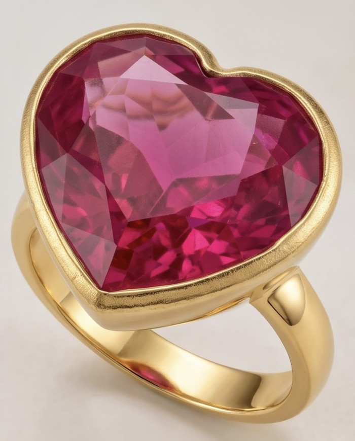 Angel's Heart Natural heart shape 18.7 carat Ruby .925 Sterling Silver dipped in 22K Gold handmade Statement Ring size 6 1/4 - Heart-shaped ruby ring close-up with gold setting