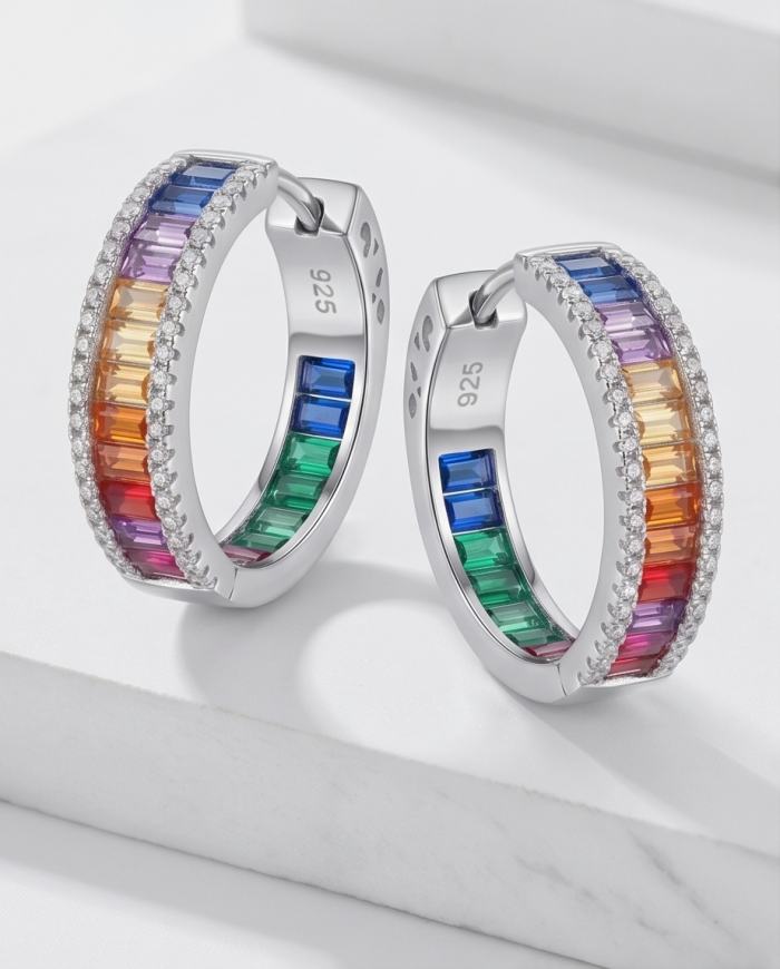 Inside- Out Rainbow Authentic 12.9 carat Multicolor Topaz .925 Sterling Silver brilliantly handcrafted HOOP earrings - Inside-out rainbow topaz hoop earrings, side view, silver with colored stones.