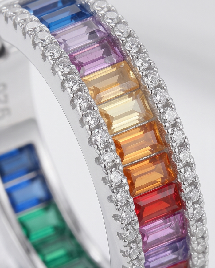 Inside- Out Rainbow Authentic 12.9 carat Multicolor Topaz .925 Sterling Silver brilliantly handcrafted HOOP earrings - Close-up of a multicolor topaz and diamond band ring.
