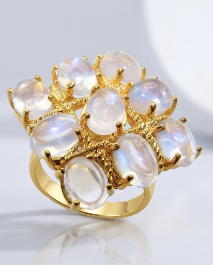 Scarlett 15.5 carat Brazilian Rose Quartz 22K Gold over .925 Sterling Silver handcrafted Statemen Ring size 8 - Gold ring with Brazilian Rose Quartz, side view close-up