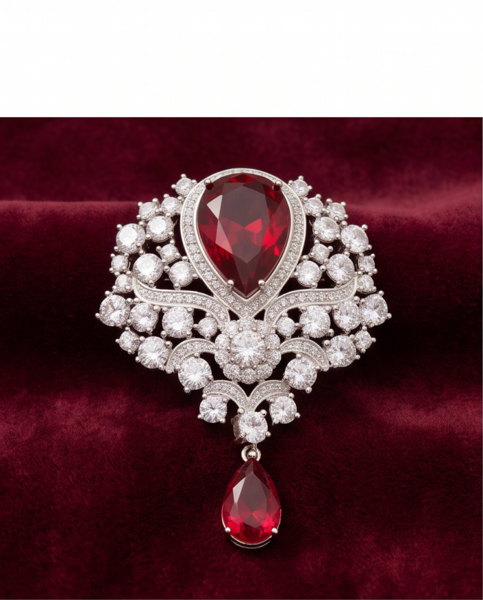 Heirloom Genuine 23.7 carat Kasmir Ruby .925 Sterling Silver handmade Pendant - Brooch - Close-up of heirloom brooch with Kasmir ruby and diamonds on velvet.