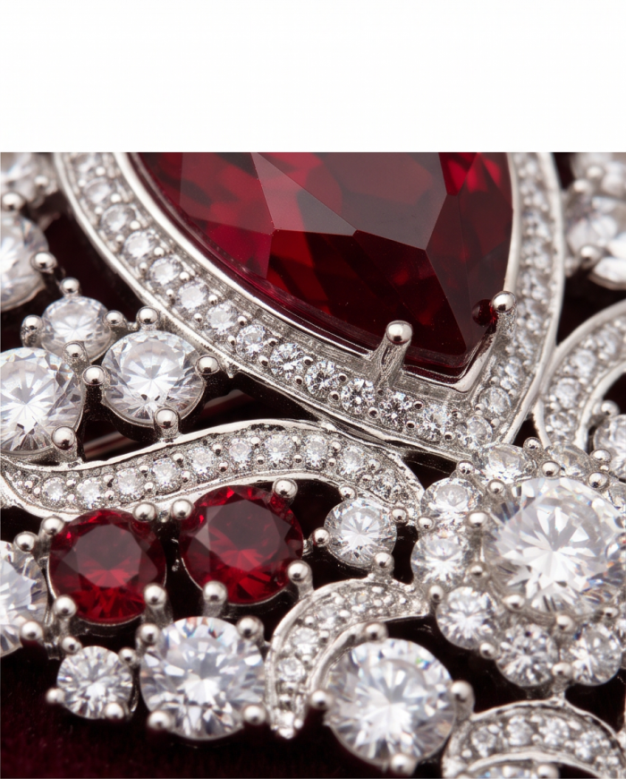 Heirloom Genuine 23.7 carat Kasmir Ruby .925 Sterling Silver handmade Pendant - Brooch - Close-up of Heirloom 23.7 carat Kashmir Ruby in .925 Sterling Silver setting