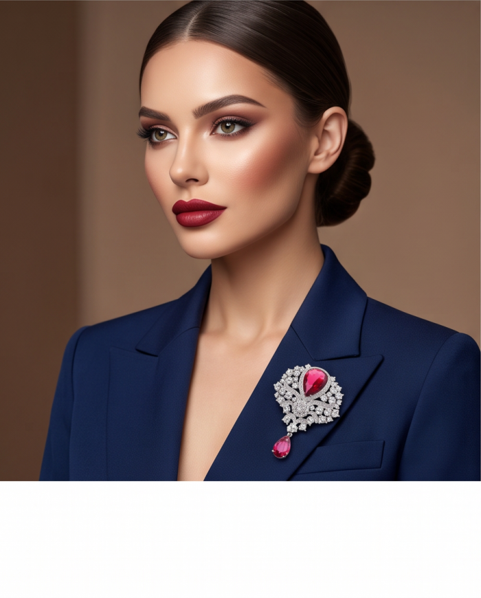 Heirloom Genuine 23.7 carat Kasmir Ruby .925 Sterling Silver handmade Pendant - Brooch - Model wearing Heirloom 23.7 carat Kashmir Ruby brooch on blue blazer.