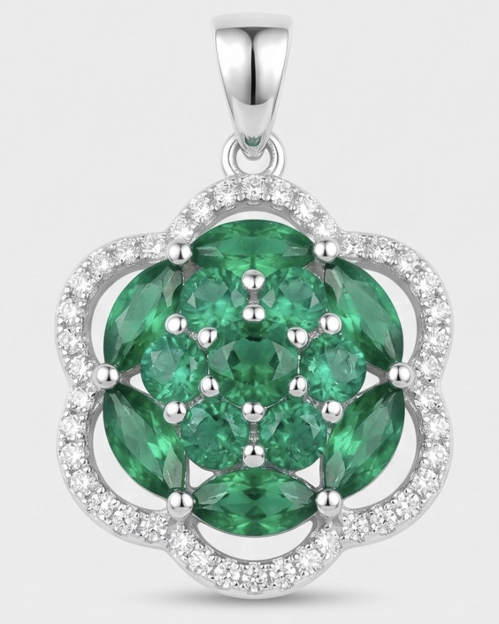 Authentic 5.5 CARAT Chrome Diopside .925 Sterling Silver Pendant - Front view of sterling silver pendant with green gemstones and diamonds.