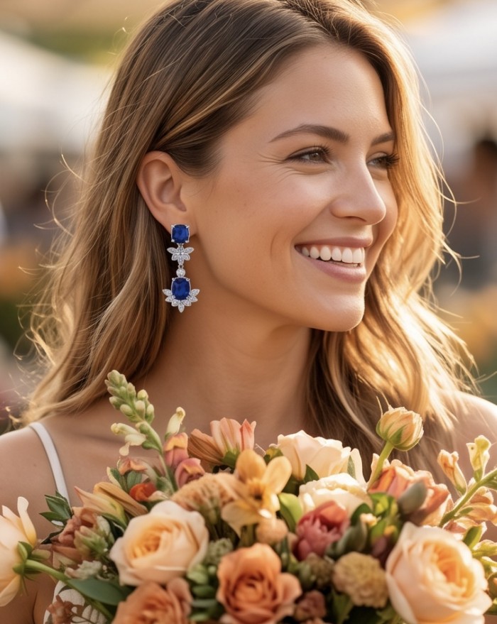 Vintage style - Giovanna - 6.8 carat Sapphire .925 Sterling Silver handcrafted earrings - Side view of woman wearing Giovanna 6.8 carat Sapphire earrings.