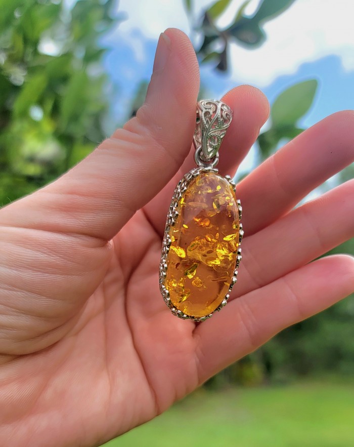 Prehistoric Authentic Golden Baltic Amber .925 Sterling Silver beautifully handcrafted Pendant - photo 1