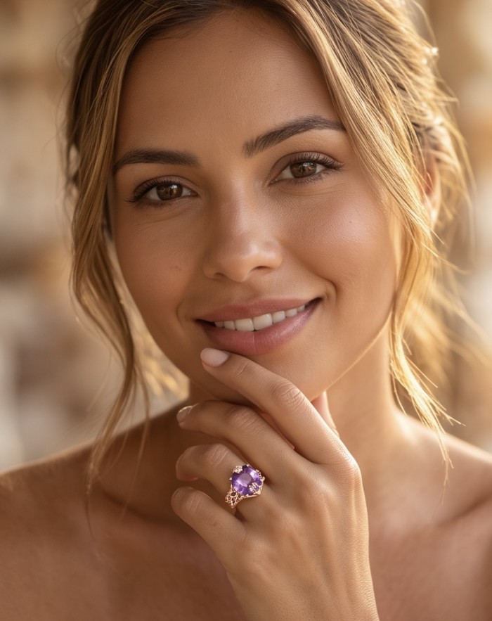 Purple ODYSSEY - Top quality 14.5 carat Amethyst .925 Sterling Silver dipped in 18K Gold Handcrafted Ring size 8 - Woman wearing Purple ODYSSEY ring with 14.5 carat Amethyst stone close-up.