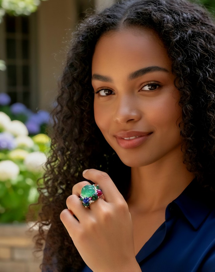 Large Natural 41.5 carat carved Emerald Ruby Sapphire rhodium over .925 Sterling Silver handcrafted ring size 8 1/4 - Woman wearing large carved emerald, ruby, and sapphire ring on hand.