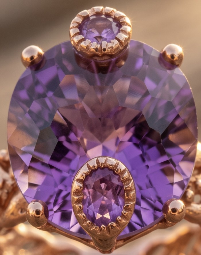 Purple ODYSSEY - Top quality 14.5 carat Amethyst .925 Sterling Silver dipped in 18K Gold Handcrafted Ring size 8 - Close-up of purple amethyst ring showing stone and gold prong details.