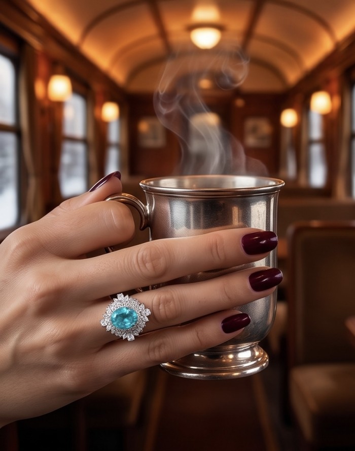 Mesmerizing 14.8 carat Aquamarine rhodium over .925 Sterling Silver handcrafted ring size 6 3/4 - Aquamarine ring worn on hand holding a steaming metal cup.
