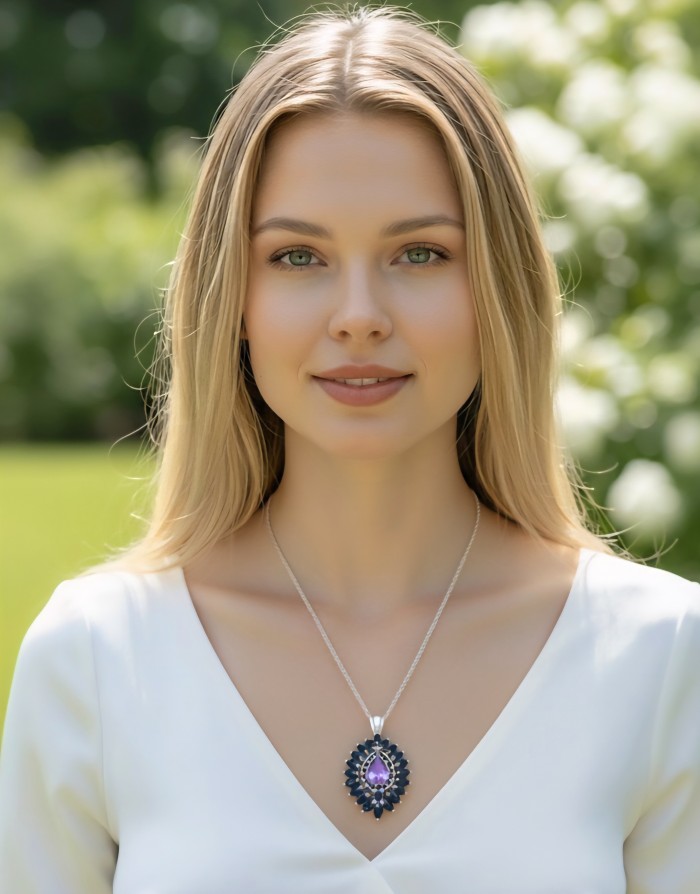 Mademoiselle - 18.5 carat natural Amethyst .925 Sterling Silver dipped in rhodium handcrafted Pendant - Woman wearing "Mademoiselle" amethyst necklace outdoors.
