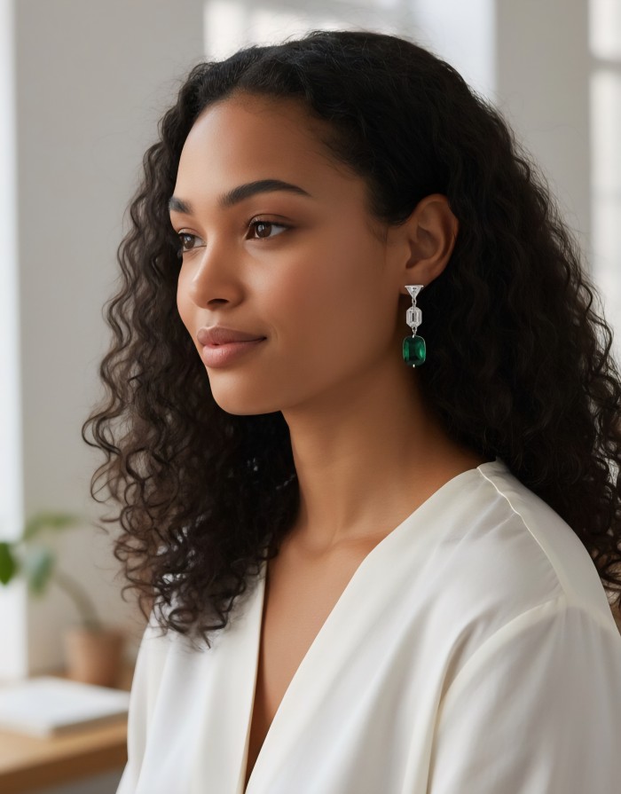 Giovanna- Authentic 8.5 CARAT natural Colombian Emerald .925 Sterling Silver handcrafted Statement earrings - Side view of woman wearing Giovanna emerald earrings.