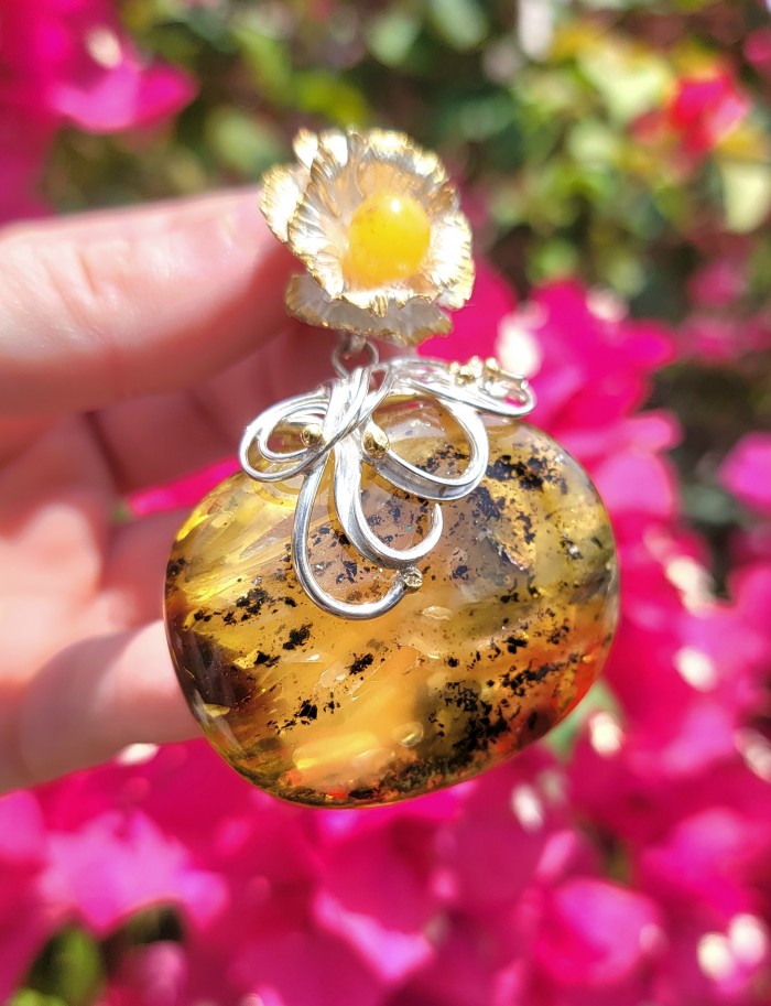 The King of the Sea Giant Authentic Golden Baltic Amber 18K Gold over .925 Sterling Silver handmade Pendant - photo 1