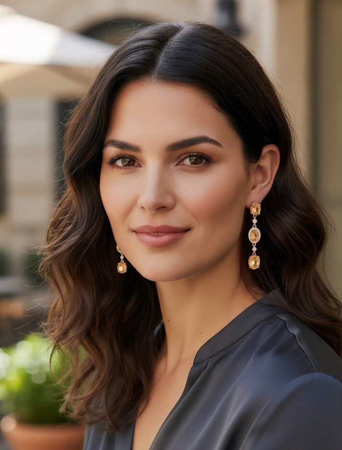 Giovanna - Genuine 4.6 carat orange Sapphire 22K Gold over .925 Sterling Silver handcrafted Statement Earrings - Woman wearing Giovanna gold earrings with orange sapphires, side view.
