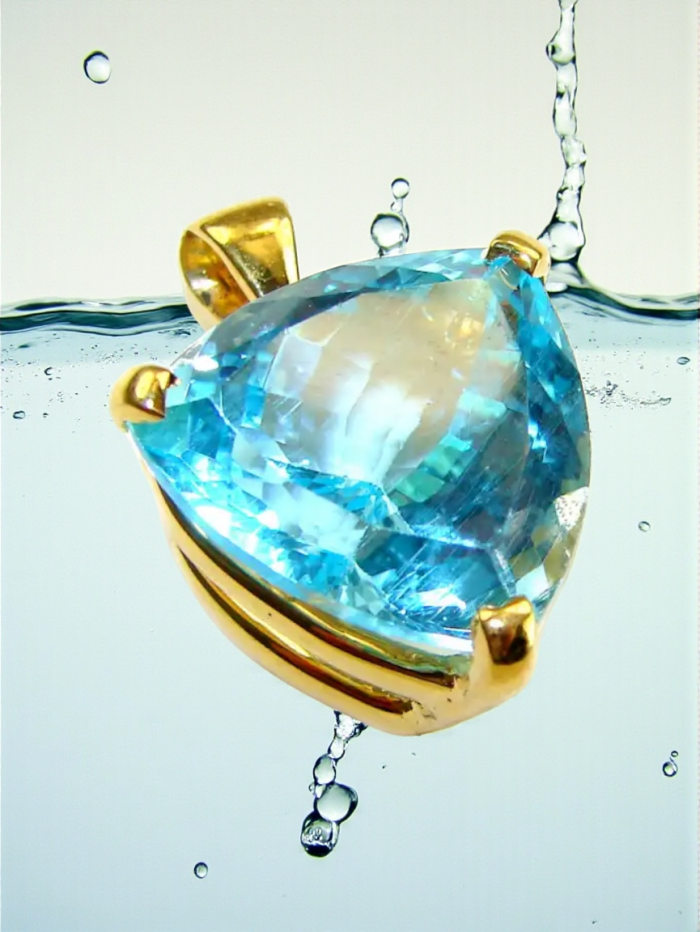 Atlantica TRILLION cut 12.9 carat Swiss Blue Topaz 18K Gold over .925 Sterling Silver Handcrafted Pendant - Close-up of Swiss Blue Topaz in 18K gold setting with water droplets.