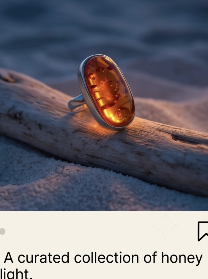 Beauty of the Sea - Natural Baltic Amber .925 Sterling Silver handcrafted ring; s. 7 adjustable - Natural Baltic Amber ring on driftwood, side view, glowing in light.