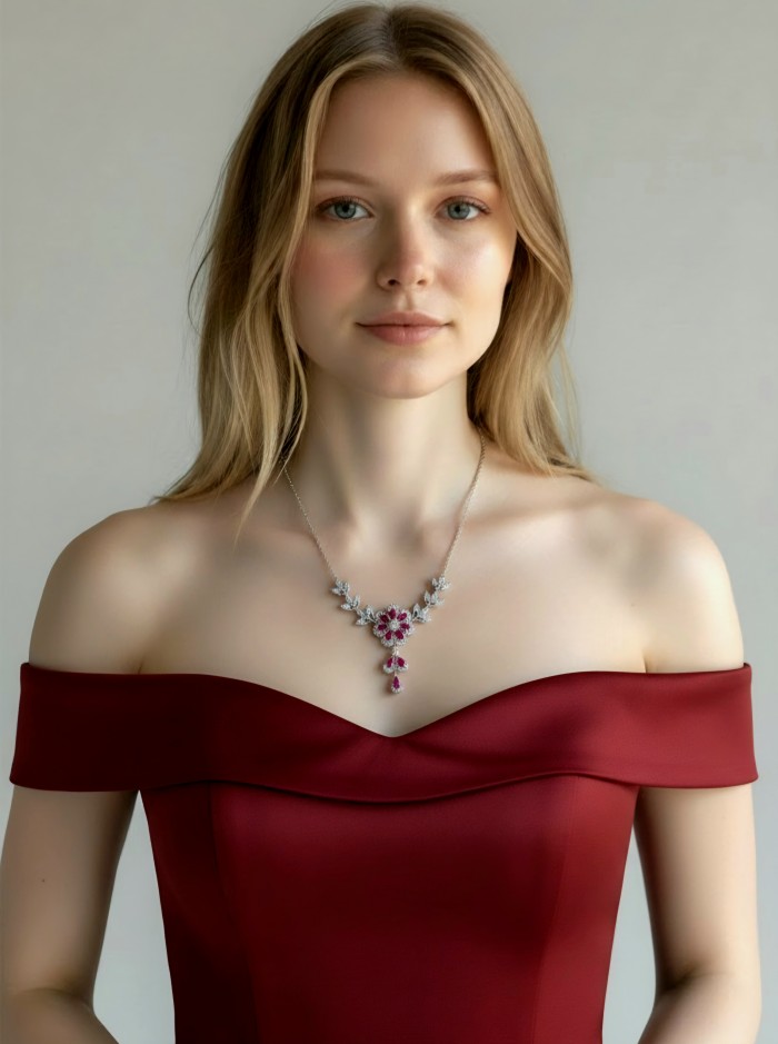 Izabella Luxurious natural 8.9 carat Ruby rhodium over .925 Sterling Silver handmade necklace - Model wearing Izabella luxurious ruby necklace front view