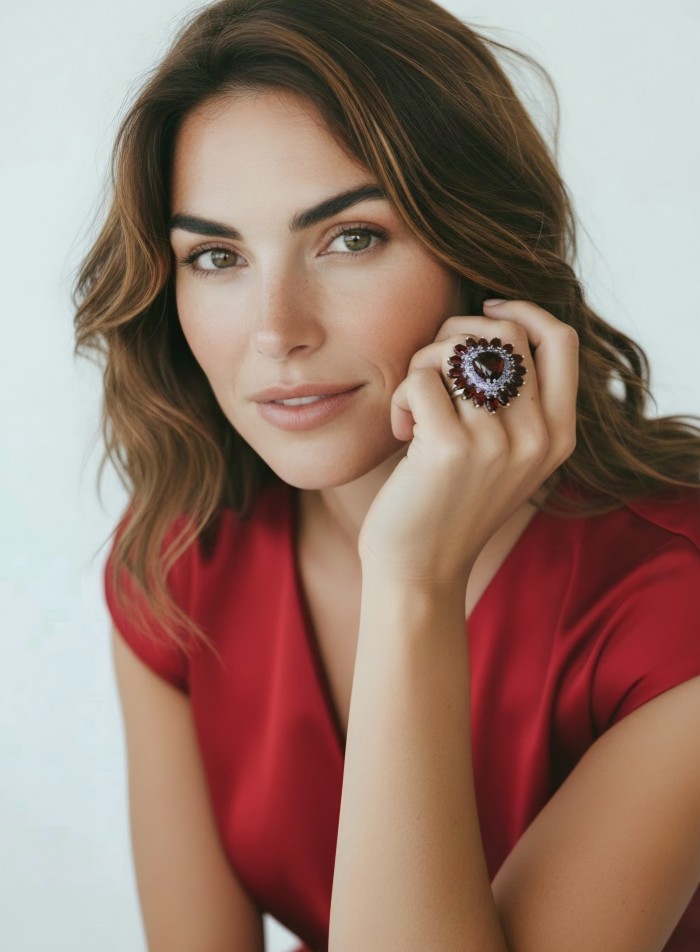 Scarlett 28.8 ctw Mozambique Ruby rhodium over .925 Sterling Silver handcrafted Statement Ring size 8 - Woman wearing Scarlett Mozambique Ruby ring, hand near face.