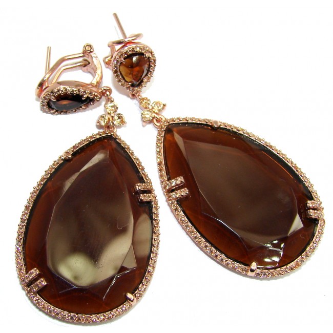 Big! Fancy Quality Brown Smoky Topaz Rose Gold Plated Sterling Silver earrings