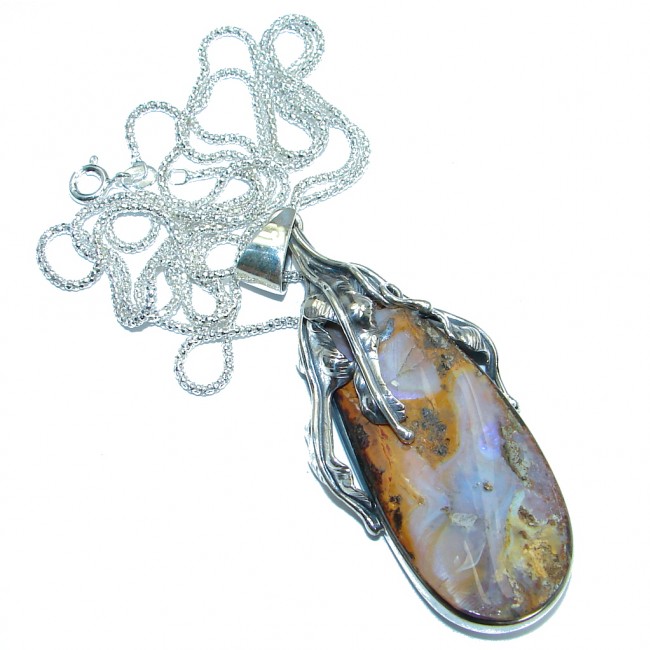 32 inches long Australian Boulder Opal oxidized Sterling Silver handcrafted necklace
