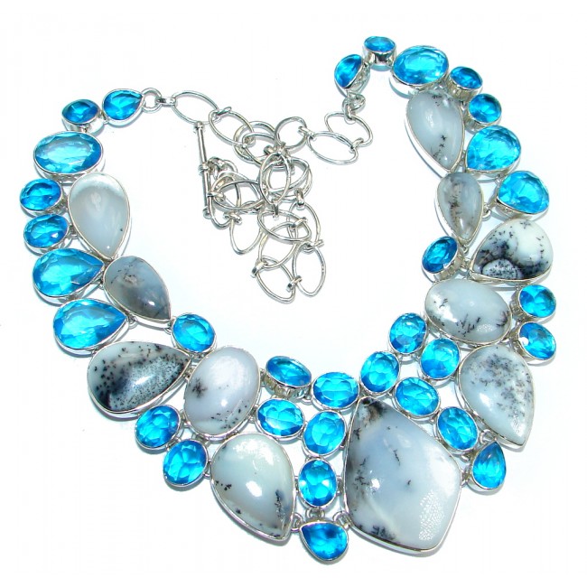 Oversized! Amazing Beauty Dendritic Agate & lab. Blue Topaz Sterling Silver necklace