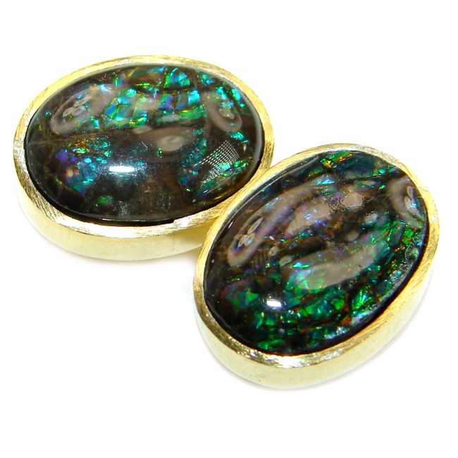 Purple Aura Fire Ammolite gold over .925 Sterling Silver handmade stud earrings