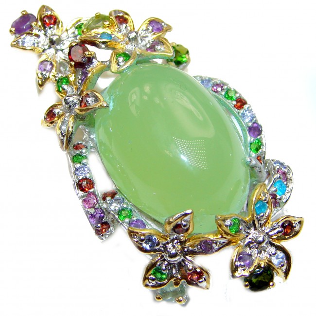 Big Beautiful genuine Prehnite 18K Gold over .925 Sterling Silver handcrafted Pendant- Pin